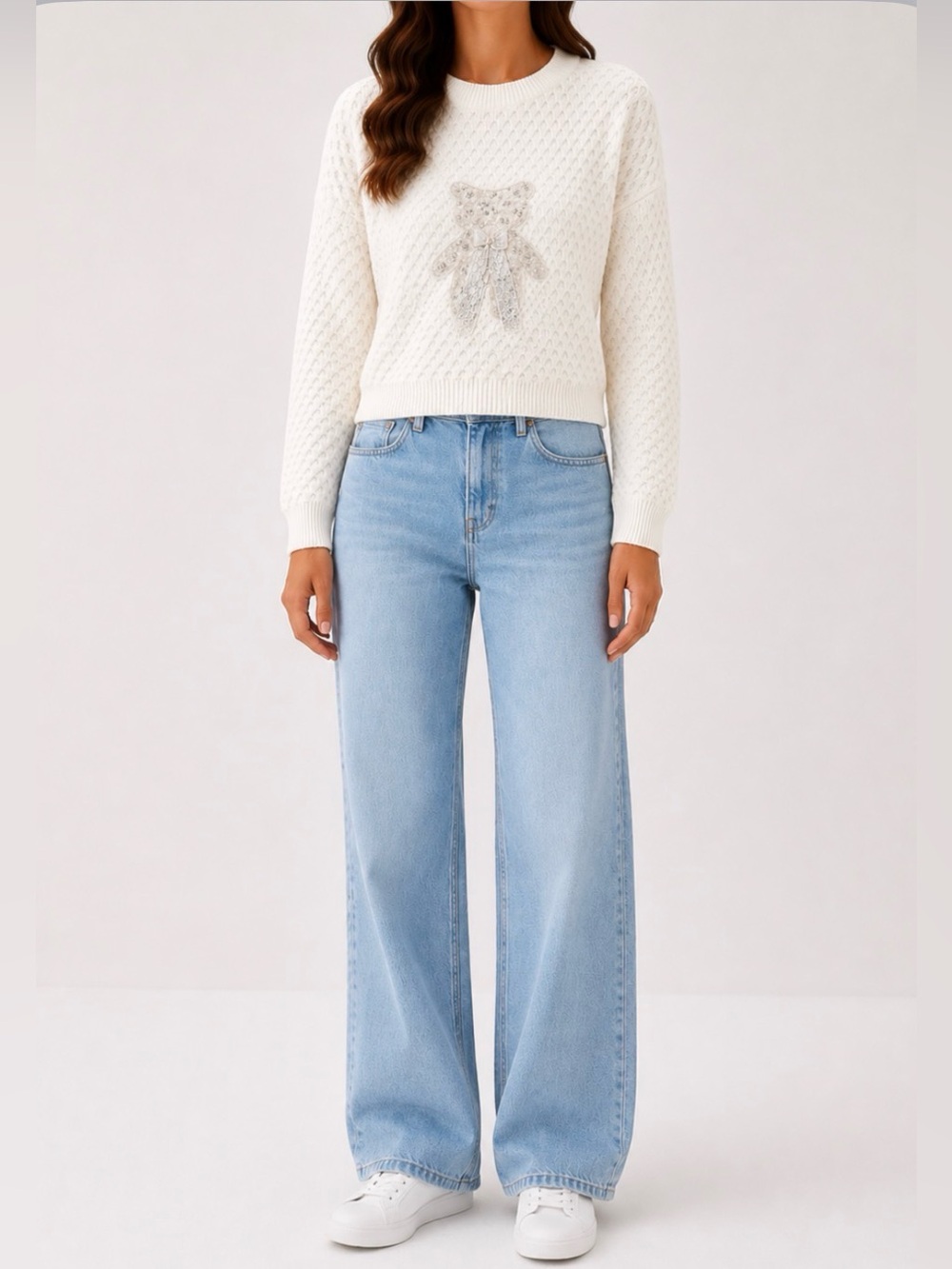 Hand stitch teddy bear embroidery knit top